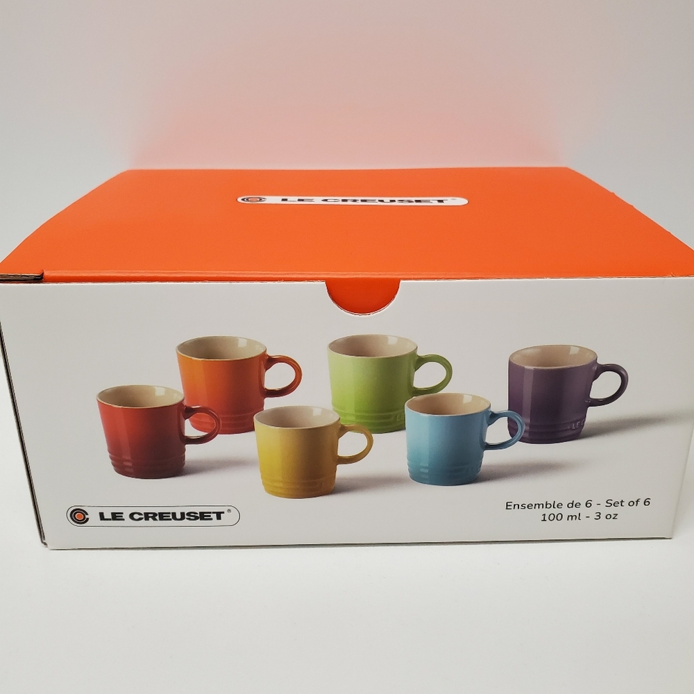 Le Creuset Stoneware Rainbow Multicolor Set of 6, 3oz  Espresso Mugs NEW